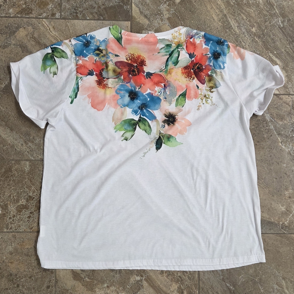 Pixie Lady Floral White‎ Short Sleeve Tee Colorful Happy Womens XL